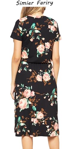 Simier Fariry Womens Spring Hide Belly Knee Length Travel Dress Pocket Summer Short Sleeve Midi Work Casual Outfits