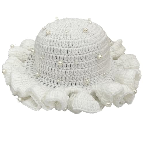 Hshsclth Women Starry Pearl Crochet Hat Handmade Beaded Trim Knitted Bucket Hats Solid Color Fashion Ruffled Brim Bucket Hat (US, Alpha, One Size, White) - image 1