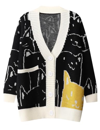 Image of Gihuo Women Cat Sweater Oversized Cute Kawaii Cardigan Knit Graphic V Neck Loose Fit Long Sleeve Cardigan Coat