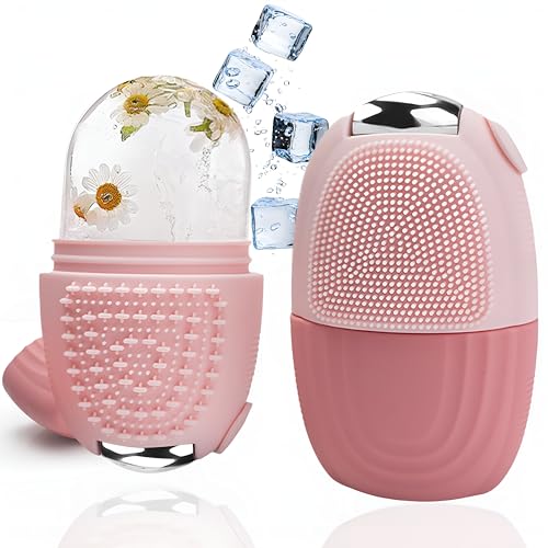 Ice Roller for Face and Eyes 2-in-1 Dual-Head Beauty Facial Massager with Cooling Silicone Ice Mold & Zinc Alloy Roller Skin Care Tool for Puffiness Relief Wrinkles Tightening & Glow (Pink)