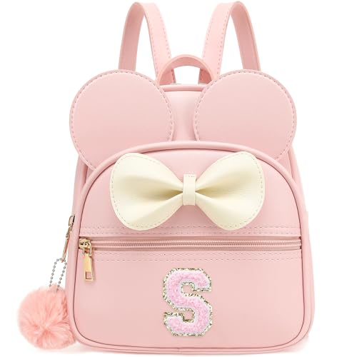 PRLINJSK Mini mochila com inicial para meninas e crianças, pequeno mouse personalizado bolsa com laço para presente, Rosa S, Small, Mochilas de viagem