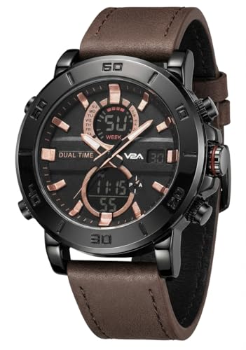 V2A Alloy Case and Genuine Leather Band Analog Digital...