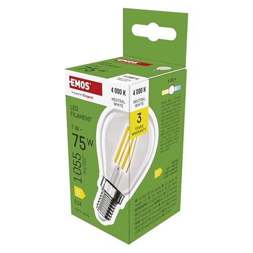 EMOS Ampoule LED Edison Mini Globe, 7 W de Rechange pour Ampoule 75 W, Ampoule Ronde Vintage avec culot E14 et luminosité 1055 LM, Blanc Neutre 4000 K, durée de Vie 25 000 h, IRC > 80, Angle