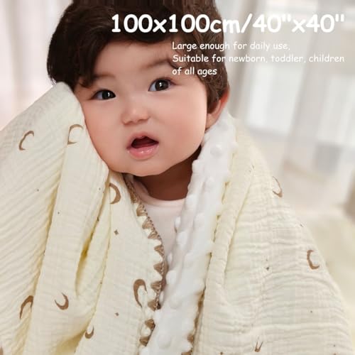 Image of Baby Blanket Cotton Muslin Swaddle Thick Crib Bedding Dotted Backing Double Layer Receiving Blanket 40 inchx40 inch (Moon Stars)