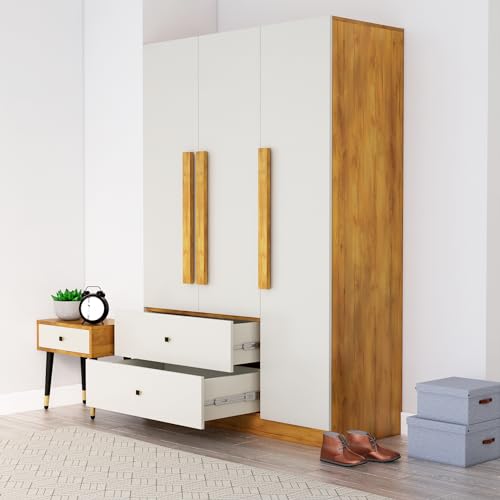 Image of Bniture Wooden Almirah for Clothes, Door for Bedroom, 3 Door Wardrobes with 2 Drawer & Hanging Space (40D x 120W x 180H CM) | 3 Year Warranty (Giant Wood & Frosty White)
