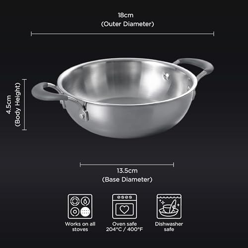 Image of Meyer Trivantage Pro Stainless Steel Triply Kadai | Steel Kadhai with Lid | Stainless Steel Cookware with Induction Base | 18cm /1.4L