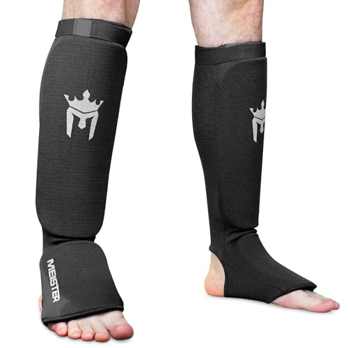 Meister MMA Gepolsterte Schienbeinschützer Elastisches Gewebe 1 Paar Schwarz S/M