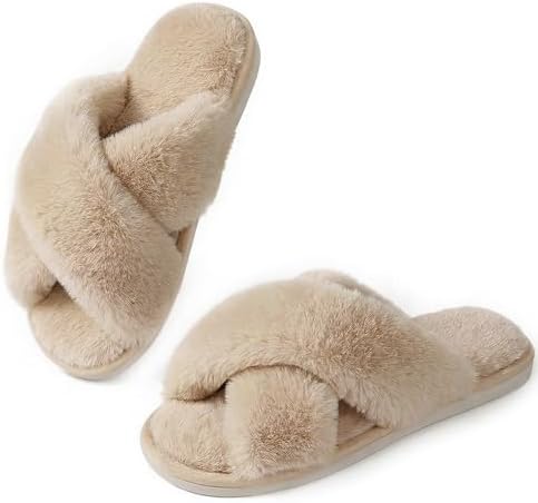 Ankis Hausschuhe Damen Plüsch mit Kreuzband Winter Warme Pantoffeln Memory-Schaum und Offene Zehenpartie Flauschige Hausschuhe Damen für Drinnen und Draußen (Weiß,Schwarz,Grau,Rosa