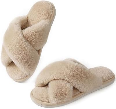 Ankis Women Slippers Camel Fluffy Slippers Memory Foam, Cross Band Furry Open Toe Slippers Cozy Plus...