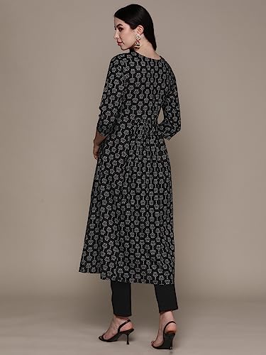 Image of ishin Women's Cotton Embellished Black A-Line Kurta