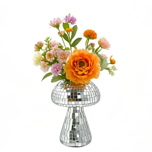 Champignon Vase Boule a Facette,Champignon Boule Disco,Argenté Miroir Verre Vase Champignon Disco Pot a Crayon,Jardinière Boule a Facette Déco Terrarium...