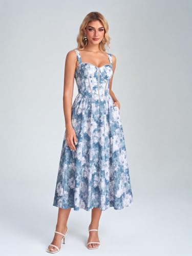 Image of KUTUMAI Floral Corset Midi Dress Flowy Slit Summer Spring Wedding Guest Dresses for Women Sundress with Pockets