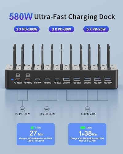 Image of 580W Charging Station for Multiple Devices, 10-Port USB C Fast Charger Station, Dual PD 100W Charging Dock with Adjustable Dividers & 6 Cables-Device Organizer for Laptop MacBook, iPhone, iPad
