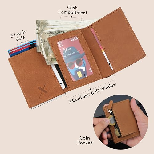 Image of The X Project Staggo Trifold Wallet | Premium Genuine Leather | Aluminium Cardholder | Side Slide Pop-Up Card Ejector | Carry Up to 6 Cards and 1 Slot for Carrying Cash & Folded Bills (Tan)