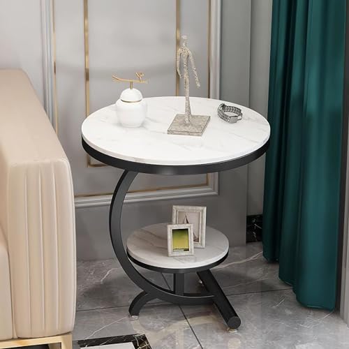 Image of NEST NATURE HAVEN Wood And Metal 2 Tier Round Coffee Table Nightstand Bedside Telephone Table with Storage, End Sofa Side Corner Table for Living Room Bedroom Small Spaces (Black and White)