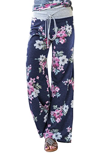 Image of AMiERY Women's Comfy Casual Pajama Pants Floral Print Drawstring Palazzo Lounge Pants Wide Leg