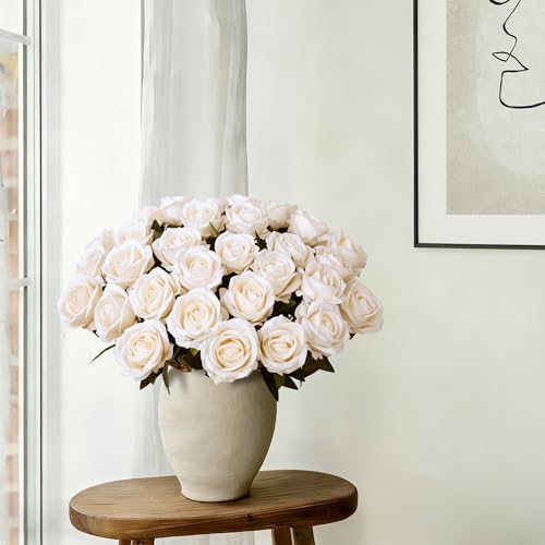 Image of INSPRING 50 PCS Champagne Roses Artificial Flowers with Long Stems | Real Looking, Fake Roses, Silk Flowers, DIY Bouquet, Wedding Party Celebration Home Bridal Decoration Gift, for Her Wife