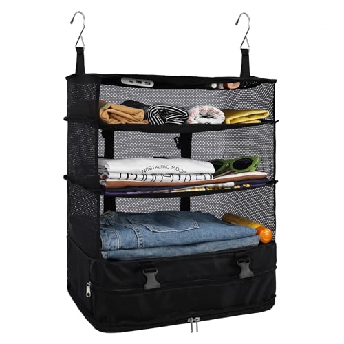 Surblue Hanging Closet Storage Bag Collapsible 3-Shelf Washable Oxford Fabric with 2 Hooks (XL 17.71 * 11.81 * 20in, Black)