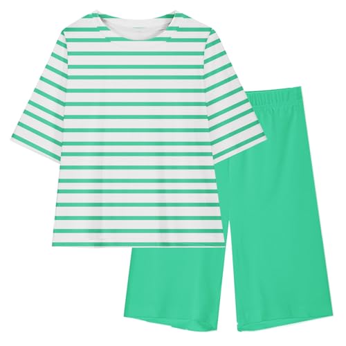 Girls 2 Piece Tracksuit Outfits Short Sleeve Casual Striped T-Shirt and Biker Short Sets Kids Summer Clothes for 5-15 Years4