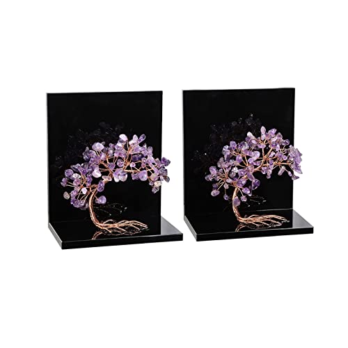 SUNYIK 2PCS Acrylic Amethyst Money Tree Bookend for Shelves Handmade Tree of Life Book Shelf Decorative Book Ends for Heavy Books Office Home