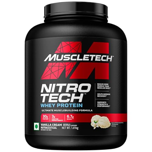 Image of MuscleTech Nitro-Tech Whey Protein, 1.81kg (4lbs), Vanilla Cream, 30g Protein, 3g creatine monohydrate, 6.7g BCAA, ultimate muscle building formula, increase strength & performance