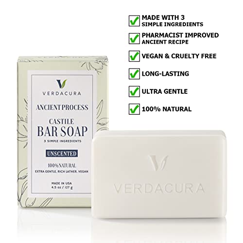 Verdacura Pure Castile Bar Soap For Face Body And Hands All Natural Vegan Soap Ultra-Gentle Biodegradable Sustainable Cruelty Free Palm Oil Free Suitable For Sensitive Skin Made In Usa (Unscented 4.5 Ounce,3 Pack) #TOP2