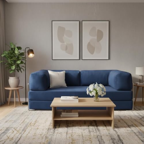 Image of Torque Vegas 3 Seater Sofa Cum Bed for Sleeping - Blue | Premium Suede Fabric 3-Seater Double Foam Fold Out Sofas Bed | Convertible 2 in 1 Sofa Cuma Bed for Office