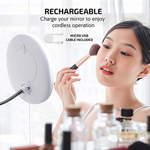 Image of OVENTE 9'' Rechargeable Lighted Wall Mount Bathroom Mirror, White MOW22W | Touch Screen Dimmable LED Lights, Includes Mini Magnetic 10X Magnifier, Flexible Gooseneck, Suction Mount and Micro USB Cable