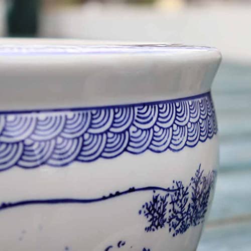 シノワズリ　染付鉢 2点セット 水鉢 睡蓮鉢 陶器 めだか鉢 ハス鉢 浮彫魚缶白 洋蓮 中 10号