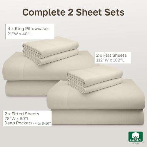 Image of California Design Den 2-Pack King Sheet Sets - Luxury 600 Thread Count Sateen, 100% Cotton Sheets King Size, Deep Pockets, Soft, Crisp and Durable Bedding - Warm Creamy Ivory