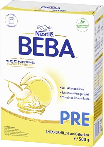 BEBA PRE Anfangsmilch von Geburt an, Babynahrung , nur Laktose, ohne Palmöl, 6er Pack (6 x 500g)