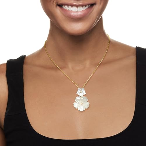 Ross-Simons Mother-Of-Pearl and .10 Carat White Topaz Flower Pendant Necklace in 18kt Gold Over Sterling. 16 inches2