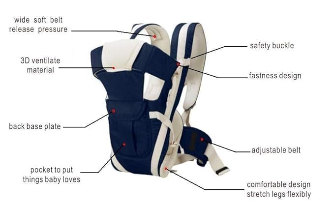 Image of BabyGo Baby Combo : Carry Cot & Rocking Chair with Adjustable Handle + Adjustable Baby Carrier Cum Kangaroo Bag | Safe, Comfortable & Multi-Functional Infant Gear (Beige & Blue)