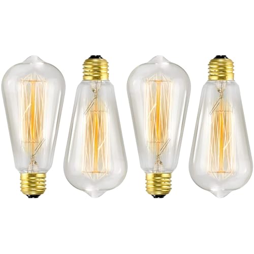 4-Pack Edison Bulb, Vintage Incandescent Light Bulbs, Antique Style Light Bulb, 60W, E26 Base, 110V, Dimmable Antique Exposed Filament, E26, ST58 Lights for Home Lighting and Decorative Fixtures