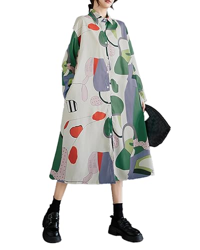 Image of ellazhu Womens Fall Casual Patchwork Funky Long Sleeve Designer Dress Loose Blouse GY2787 A