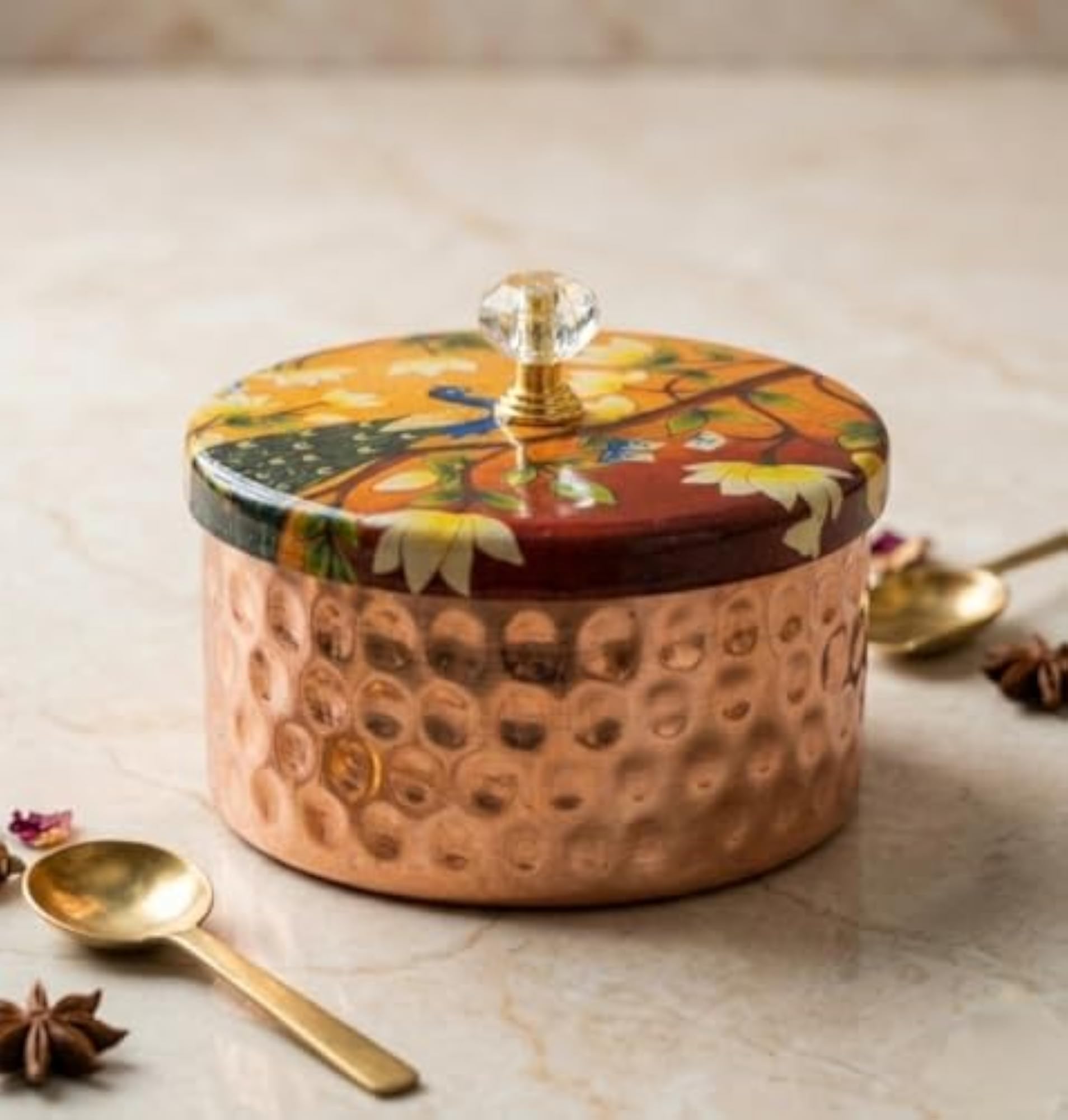 Hammered Copper Storage Box with Painted Peacock Lid