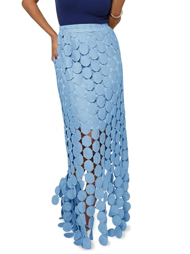 Image of Cicy Bell Womens Hollow Out Maxi Skirts Summer Boho Fringe Hem Long Skirt | High Waist,Circle Skirt,Casual,Dressy,Midi Skirt,Beach Vacation