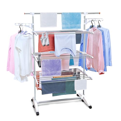 TENDEX Tendedero Vertical Plegable XXL 6 Bandejas Ajustables, 2 Soportes (para 10 Perchas), Barra Extensible 2m, Ganchos/Cruces integrados. Ruedas Acero inoxidable Plegado sólo 14cm Soporta 25kg ropa