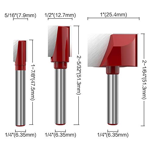 Cleaning Bottom Router Bit Set 1/4 Inch Shank Double Flute Carbide Tipped Cutter Up Shear Flat Spoilboard Surfacing Planing Tool- 5/16" 1/2" 1" Inch Cutting Diameter 3 Pcs by ROOCBIT - Thumbnail 3