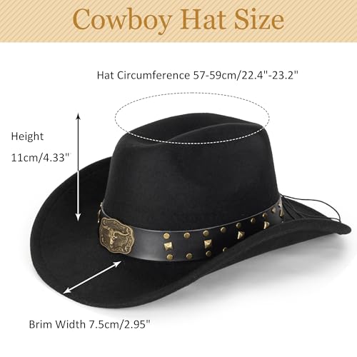 Image of Western-Cowboy-Hats for Women Men - Classic Wide Brim Felt Fedora Unisex Upturn Bull Head Cowgirl Caps with Buckle Belt
