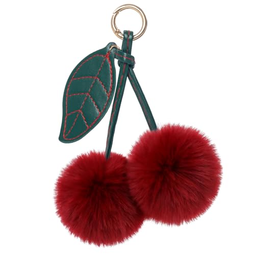 Clofiak Cherry Pom Pom Keychain Fluffy Car Keychain Pompom Key Chains Charm for Handbags Purses Handbags Bags for Women Girl (Red)