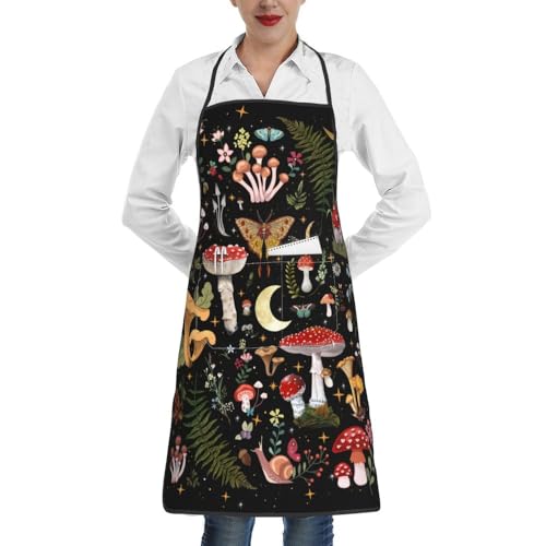 LANAIQO Mushroom Apron for Cooking, Black Chef Apron With Pockets Women Men For Grilling Bbq Gardening Painting, Moth Witchy Kitchen Decor Aesthetic, Witchy Kitchen Gifts for Women