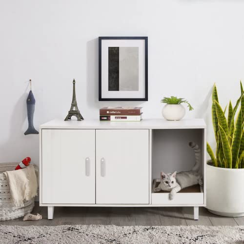 Richya Cat Litter Box Enclosure, Modern Wood Pet Crate Cat Litter Box Furniture Hidden Cat Washroom Furniture House Table Nightstand With Cat Scratch Pad (White) #TOP2