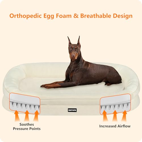 HMTOPE Orthopädisches Hundebett, Hundesofa, Vierseitiges Nackenrolle Kissen, rutschfeste Unterseite Hundekorb, Abnehmbar und Waschbar, Grosse Hunde, 122 x 90 x 19 cm, Beige