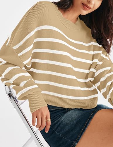 MEROKEETY Women's Long Sleeve Crew Neck Striped Crop Sweater Ribbed Knit Pullover Jumper Tops4