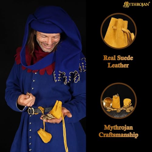 Image of Mythrojan Small Trinket Pouches Suede Leather Drawstring Coin & Dice Bags for LARP, SCA, Viking & Medieval Events (4, Yellow, Large : 4 inch X 2.9 inch X 2.6 inch)