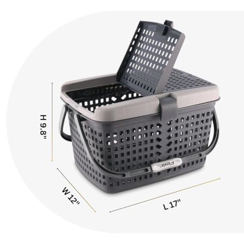 Image of FLAIR Dual Compartment Storage Basket Set of 3 - Sturdy Plastic Organizer with Handles & Lid | Plastic Multipurpose Trendy Shopping Big Basket | Ideal for Kitchen, Bathroom, Laundry & Toys (Grey)