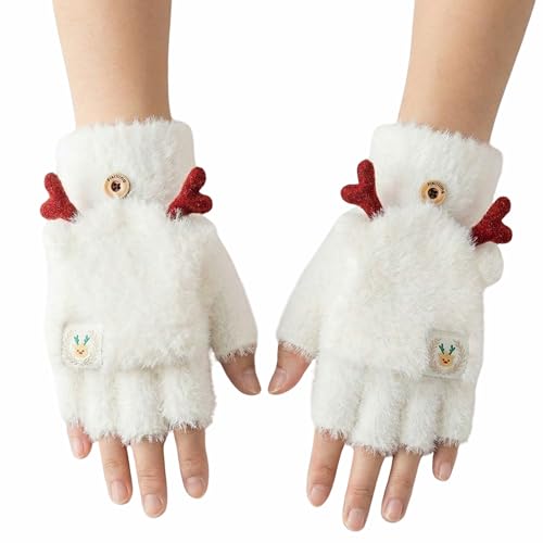 Image of Kraptick Women's Cute Reindeer Plush Convertible Fingerless Gloves - Winter Warm Fluffy Flip-Top Mittens - Korean Style Soft Hand Warmers for Girls & Ladies (Free Size, White)-3