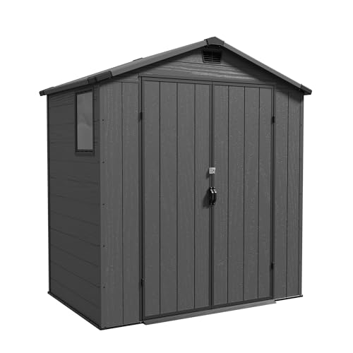 Triumphkey 6x4ft Outdoor Storage Shed Plastic Garden Shed with Lockable Door Weatherproof for Bike Tools & Garbage Bin Storage for Lawn Patio & Backyard Dark Gray