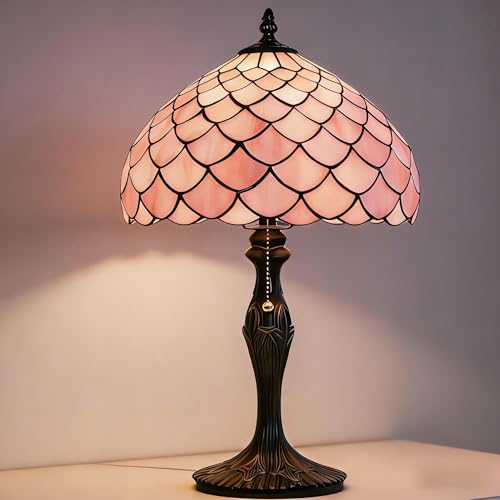 Image of Tiffany Table Lamp Stained Glass Reading Lamp Pink Fishscales Style